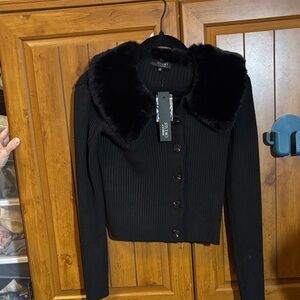 Black Ribbed Cardigan with removable Faux Fur Collar Size Large